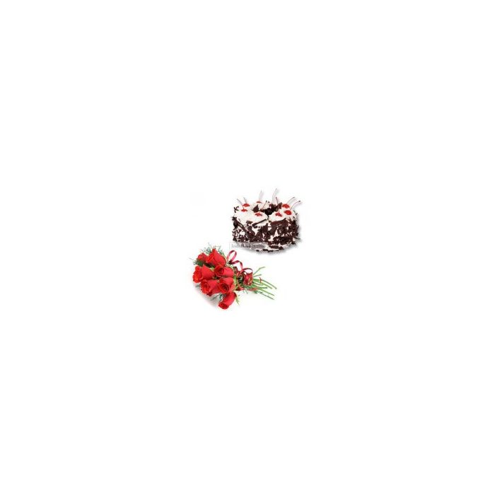 Black Forest Cake Half Kg with 6 Red Roses Bunch Black Forest Cake Half Kg with 6 Red Roses Bunch
