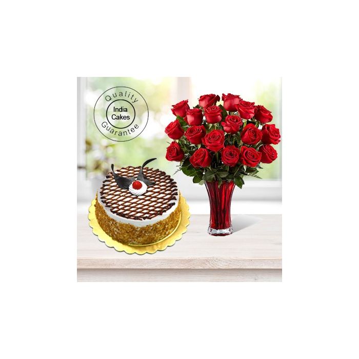 Eggless Butterscotch Cake Half Kg with 6 Red Roses Bunch Eggless Butterscotch Cake Half Kg with 6 Red Roses Bunch