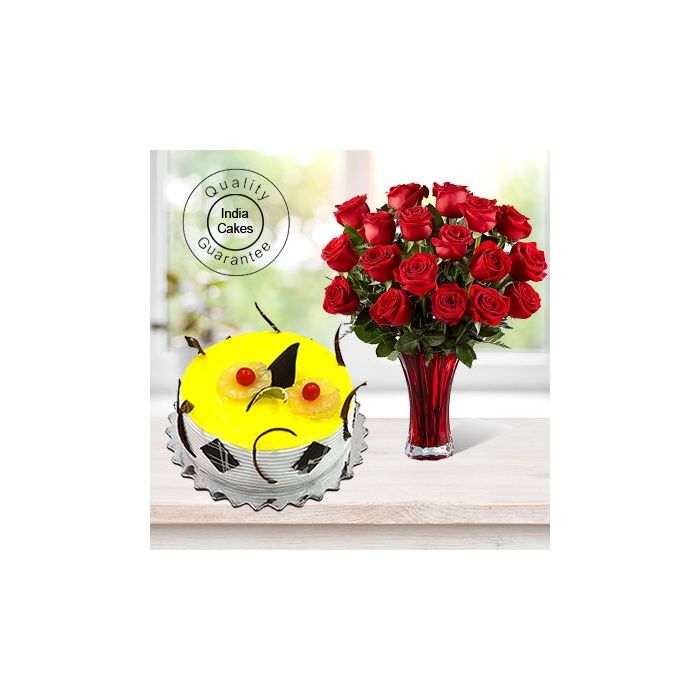 Eggless Pineapple Cake Half Kg with 6 Red Roses Bunch Eggless Pineapple Cake Half Kg with 6 Red Roses Bunch