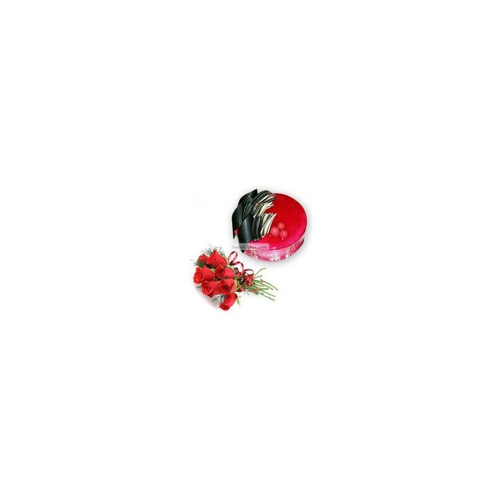 Strawberry Cake Half Kg with 6 Red Roses Bunch Strawberry Cake Half Kg with 6 Red Roses Bunch