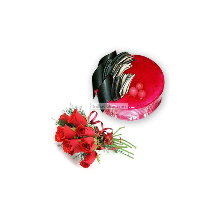 1 Kg Strawberry Cake with 6 Red Roses Bunch