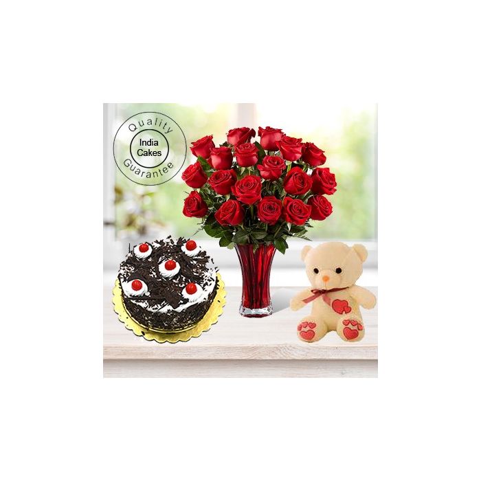 Eggless Black Forest Cake Half Kg with 6 Red Roses Bunch and a Teddy Bear Eggless Black Forest Cake Half Kg with 6 Red Roses Bunch and a Teddy Bear