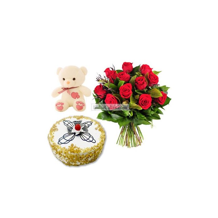 1 Kg Butter Scotch Cake-6 Red Roses Bunch-Teddy Bear 1 Kg Butter Scotch Cake-6 Red Roses Bunch-Teddy Bear