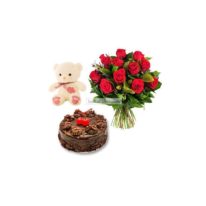 Eggless Chocolate Truffle Cake Half Kg with 6 Red Roses Bunch and a Teddy Bear Eggless Chocolate Truffle Cake Half Kg with 6 Red Roses Bunch and a Teddy Bear