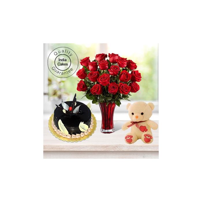 Eggless Chocolate Truffle Cake 1 Kg with 6 Red Roses Bunch and a Teddy Bear Eggless Chocolate Truffle Cake 1 Kg with 6 Red Roses Bunch and a Teddy Bear