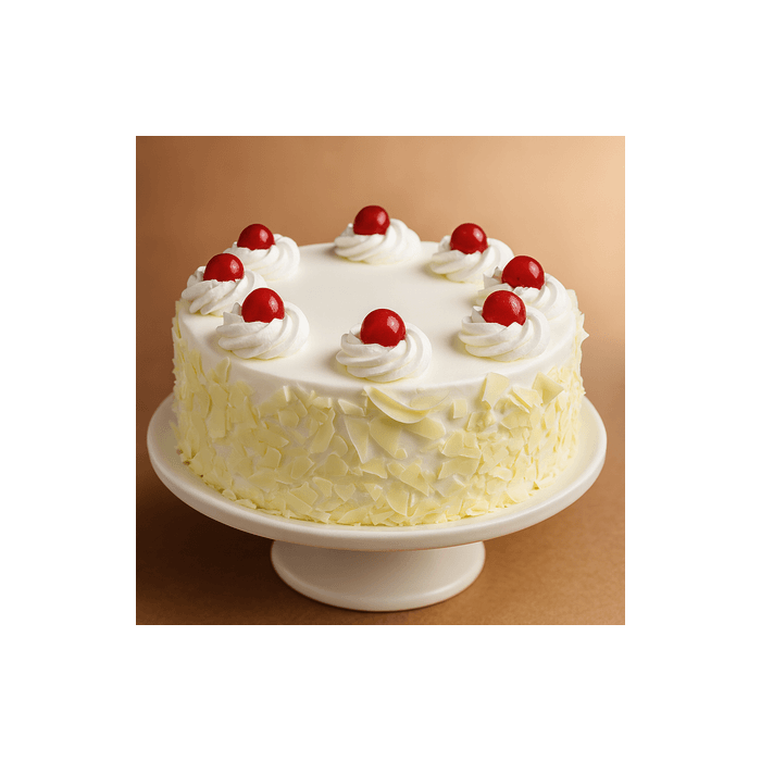 Eggless Creamy White Forest Cake with Cherry Half Kg Eggless Creamy White Forest Cake with Cherry Half Kg