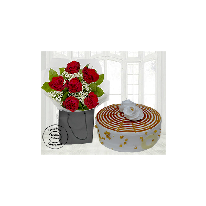Desirable Butterscotch Half Kg Cake with 6 Red Roses Desirable Butterscotch Half Kg Cake with 6 Red Roses