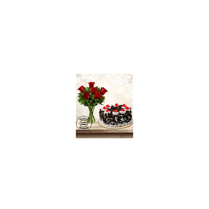 Eggless Black Forest Cake Half Kg with 6 Red Roses Bunch Eggless Black Forest Cake Half Kg with 6 Red Roses Bunch