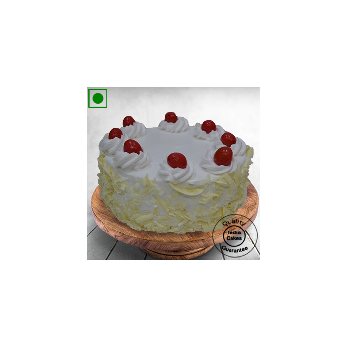 Eggless Creamy White Forest Cake with Cherry Half Kg Eggless Creamy White Forest Cake with Cherry Half Kg
