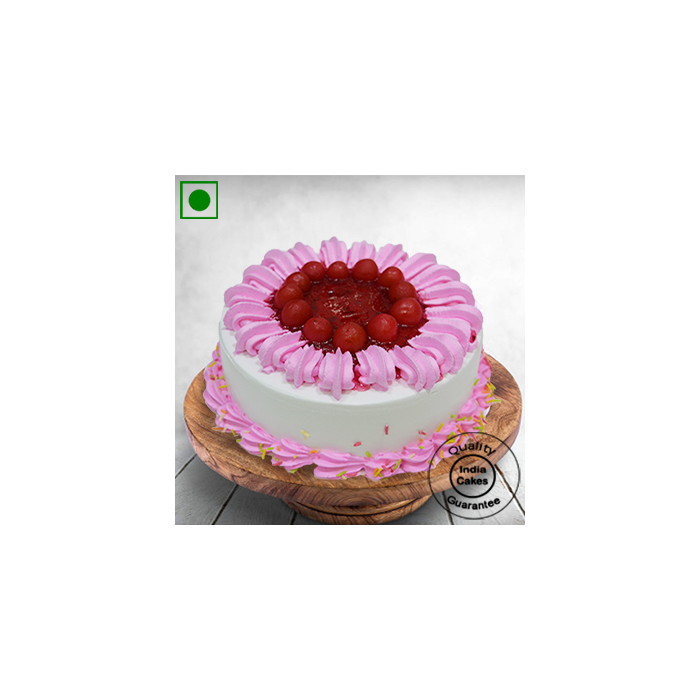 Eggless Floral Strawberry Cake with Chery Half Kg Eggless Floral Strawberry Cake with Chery Half Kg
