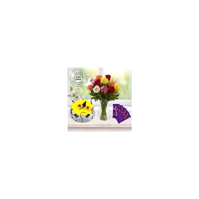 Eggless Pineapple Cake Half Kg with 6 Mix Roses Bunch and 5 Chocolates Eggless Pineapple Cake Half Kg with 6 Mix Roses Bunch and 5 Chocolates