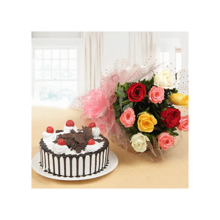 Eggless Rich Black Forest Cake Half Kgs with 6 Mix Roses Bunch Eggless Rich Black Forest Cake Half Kgs with 6 Mix Roses Bunch