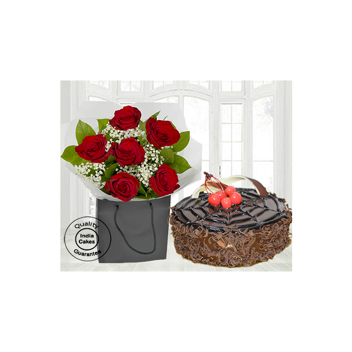 Fantastic Chocolate Cake with 6 Red Roses Fantastic Chocolate Cake with 6 Red Roses