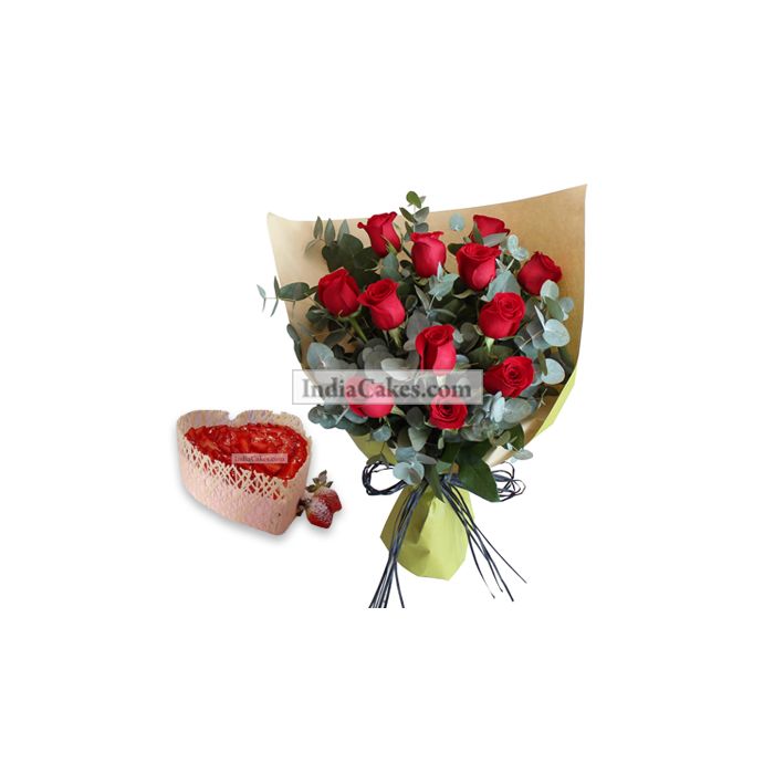 1 Kg Heart Shape Strawberry Cake with 10 Red Rose Bunch 1 Kg Heart Shape Strawberry Cake with 10 Red Rose Bunch