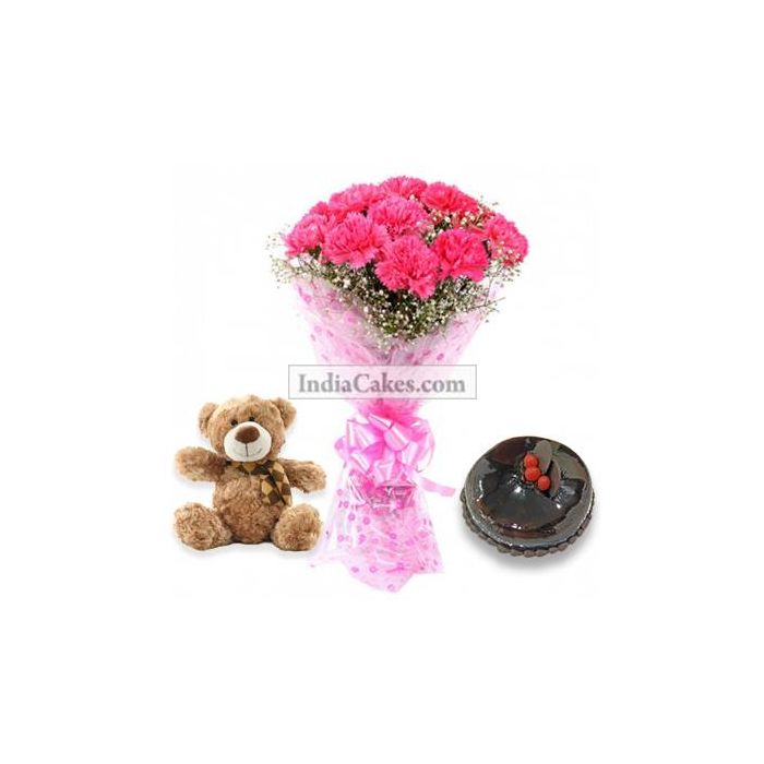 10 Pink Carnations Bunch And Half Kg Chocolate Cake With 6 Inch Teddy 10 Pink Carnations Bunch And Half Kg Chocolate Cake With 6 Inch Teddy