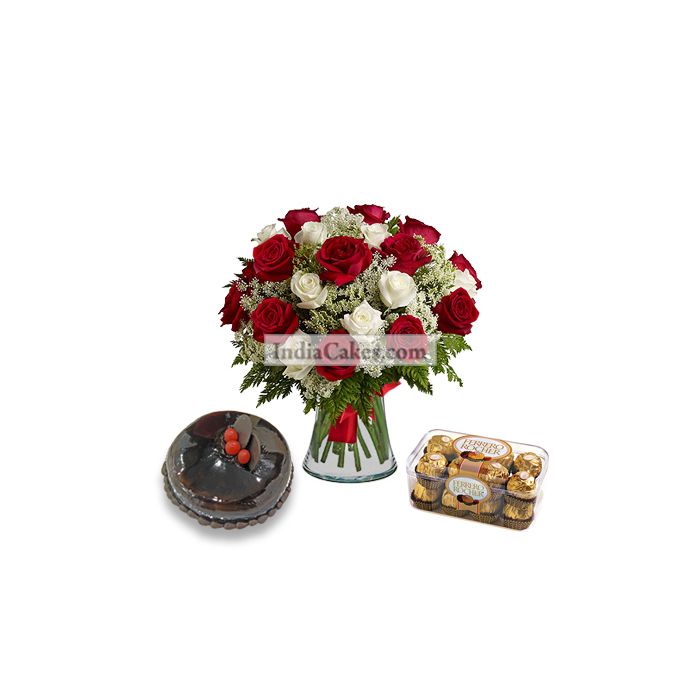 20 Red And White Roses Bunch And Half Kg Chocolate Cake With 16 Ferrero Rochers Chocolates 20 Red And White Roses Bunch And Half Kg Chocolate Cake With 16 Ferrero Rochers Chocolates