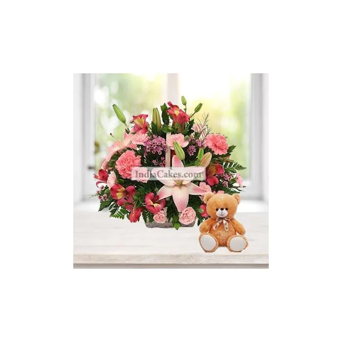 4 Lilies and 15 Carnations Arranged in Basket With a Cute Teddy