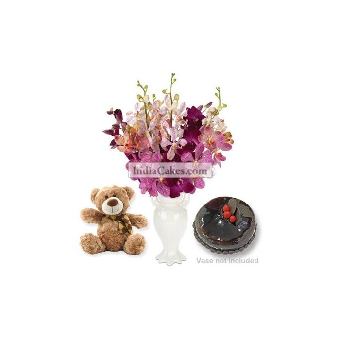 6 Orchids Bunch And Half Kg Chocolate Cake With 6 Inch Teddy 6 Orchids Bunch And Half Kg Chocolate Cake With 6 Inch Teddy