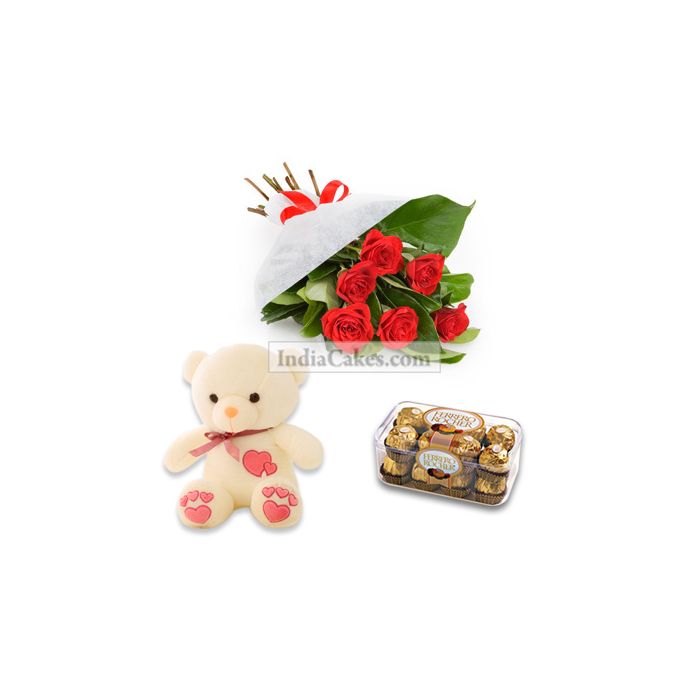 12 Red Roses Bunch, 6 Inch Teddy and 16 Ferrero Rochers Chocolates 12 Red Roses Bunch, 6 Inch Teddy and 16 Ferrero Rochers Chocolates