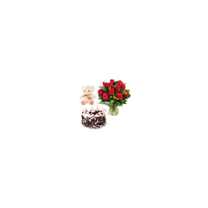 12 Red Roses Bunch, 6 Inch Teddy And Half Kg Black Forest Cake 12 Red Roses Bunch, 6 Inch Teddy And Half Kg Black Forest Cake