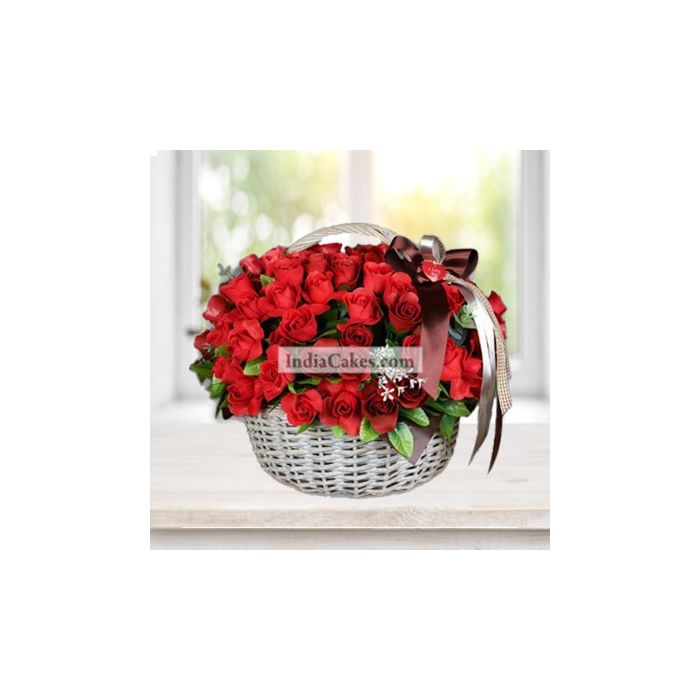 White Basket Of 100 Red Roses