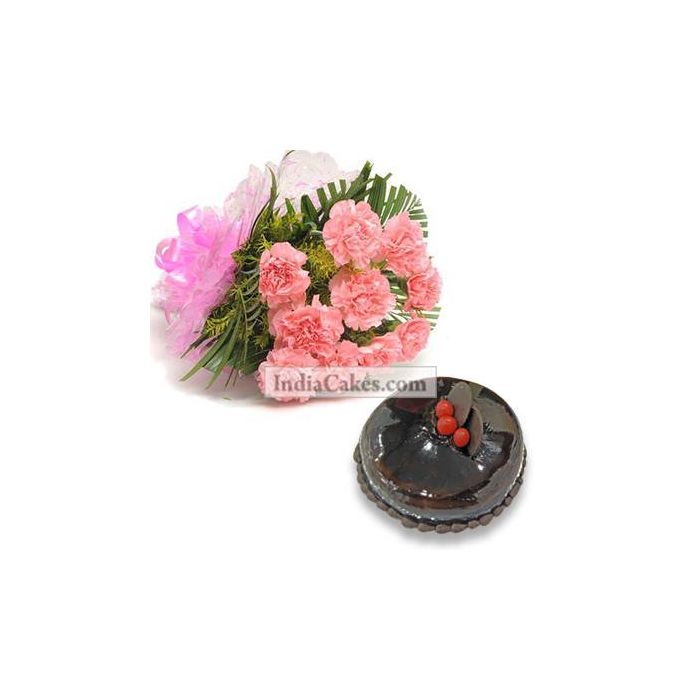 10 Pink Carnations Bunch And Half Kg Chocolate Cake 10 Pink Carnations Bunch And Half Kg Chocolate Cake