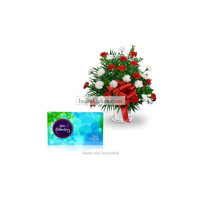 10 Red and White Carnations Bunch And Cadbury Celebrations Box 10 Red and White Carnations Bunch And Cadbury Celebrations Box