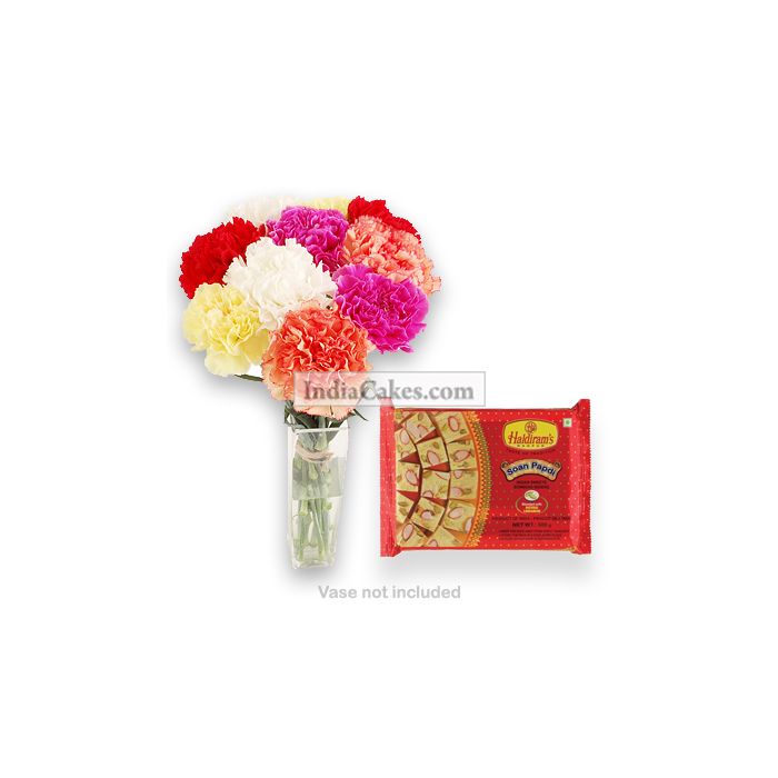 10 Mixed Carnations Bunch And 250 gm Soan Papdi 10 Mixed Carnations Bunch And 250 gm Soan Papdi