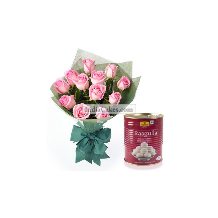 12 Pink Roses Bunch With Rasgulas From Haldiram 12 Pink Roses Bunch With Rasgulas From Haldiram
