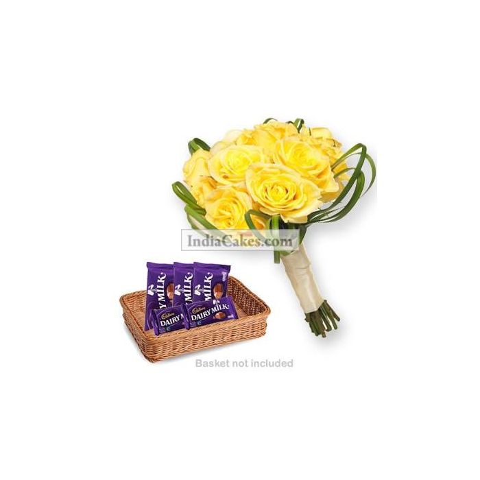 12 Yellow Roses Bunch And 5 Cadbury Dairy Milk Chocolate