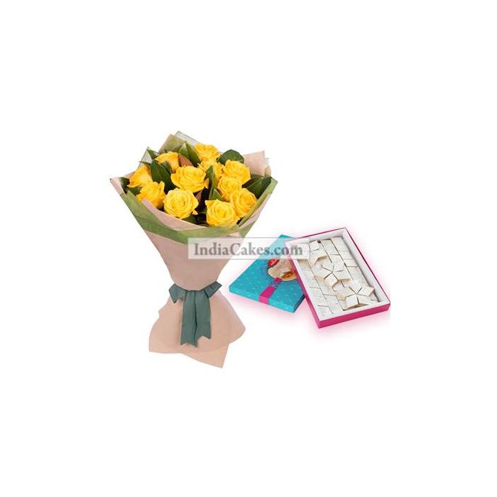 12 Yellow Roses bunch And Half Kg Kaju Barfi 12 Yellow Roses bunch And Half Kg Kaju Barfi