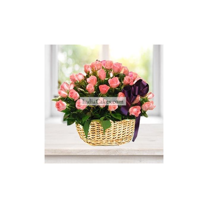 Arrangement Of 30 Pink Roses Basket Arrangement Of 30 Pink Roses Basket