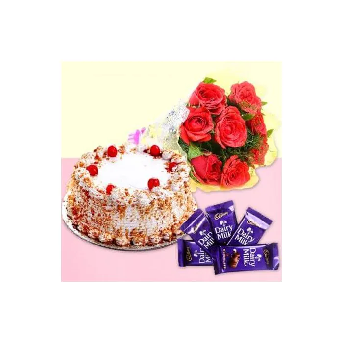 Half Kg Butter Scotch Cake-6 Red Roses Bunch-5 Chocolates