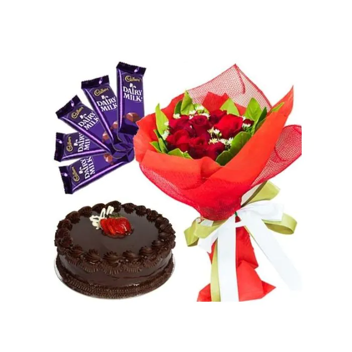 Eggless Half Kg Chocolate Cake with 6 Red Roses Bunch and 5 Chocolates Eggless Half Kg Chocolate Cake with 6 Red Roses Bunch and 5 Chocolates