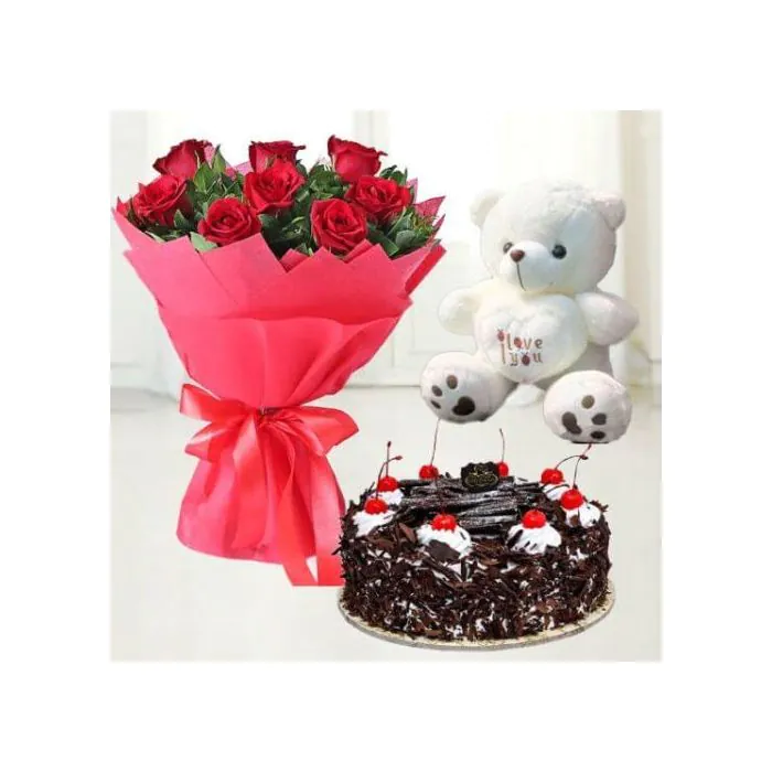Half Kg Classic Black Forest Cake with 6 Red Roses Bouquet and 6 Inch Teddy Bear Half Kg Classic Black Forest Cake with 6 Red Roses Bouquet and 6 Inch Teddy Bear