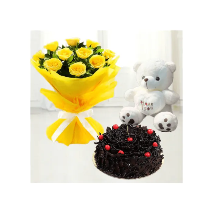 Eggless Half Kg Delicious Chocolate Cake with 6 Yellow Roses Bouquet and 6 Inch Teddy Bear Eggless Half Kg Delicious Chocolate Cake with 6 Yellow Roses Bouquet and 6 Inch Teddy Bear
