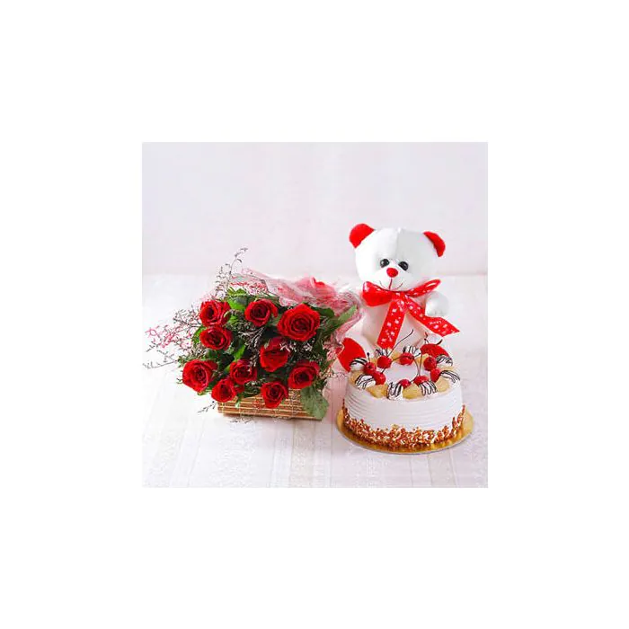 Half Kg Delish Butterscotch Cake with 6 Red Roses Bunch and 6 Inch Teddy Bear