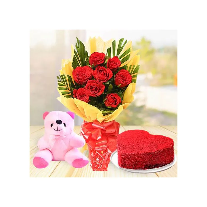 Eggless Half Kg Heart Shaped Red Velvet Cake with 6 Red Roses Bouquet and 6 Inch Teddy Bear