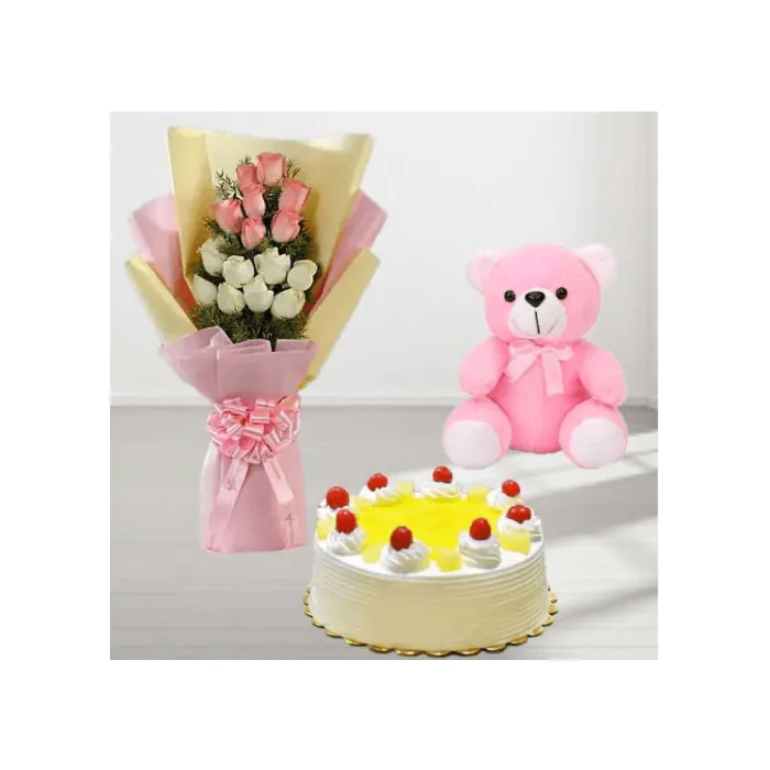 Eggless Half Kg Pineapple Cake with 10 Pink and White Roses Bunch and 6 Inch Teddy Bear Eggless Half Kg Pineapple Cake with 10 Pink and White Roses Bunch and 6 Inch Teddy Bear