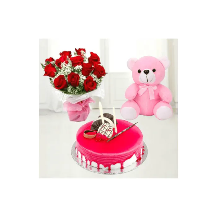 Eggless Strawberry Cake Half Kg with 6 Red Roses Bunch and a Teddy Bear