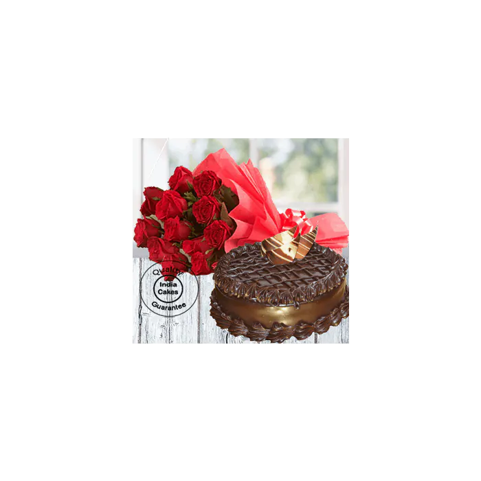 Half Kg Chocolate Truffle Torte Cake with 12 Red Roses Half Kg Chocolate Truffle Torte Cake with 12 Red Roses