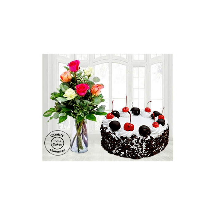 Half Kg Esculent Black Forest Cake 6 Mix Roses
