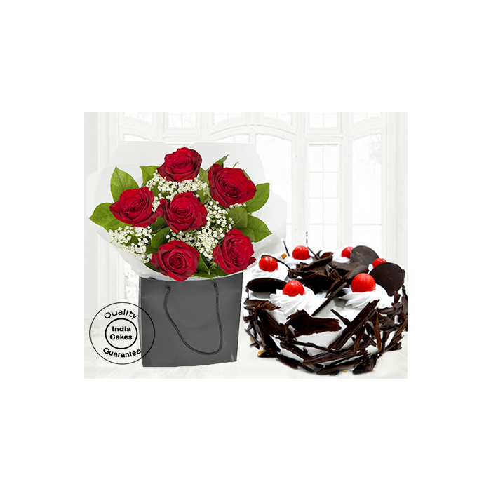 Half Kg Rich Black Forest Cake with Cherry 6 Red Roses Half Kg Rich Black Forest Cake with Cherry 6 Red Roses