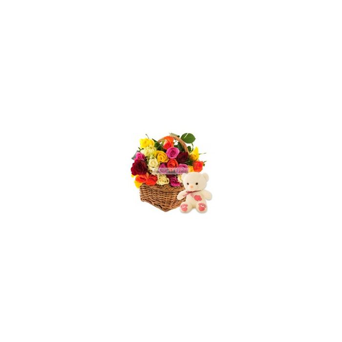 15 Mix Roses in Basket with Teddy Bear