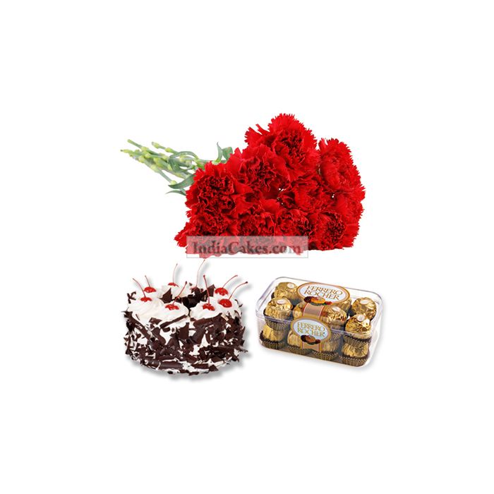15 Red Carnations Bunch , 16 Pcs Ferrero Rocher Chocolates and 1/2 Kg Black Forest Cake 15 Red Carnations Bunch , 16 Pcs Ferrero Rocher Chocolates and 1/2 Kg Black Forest Cake