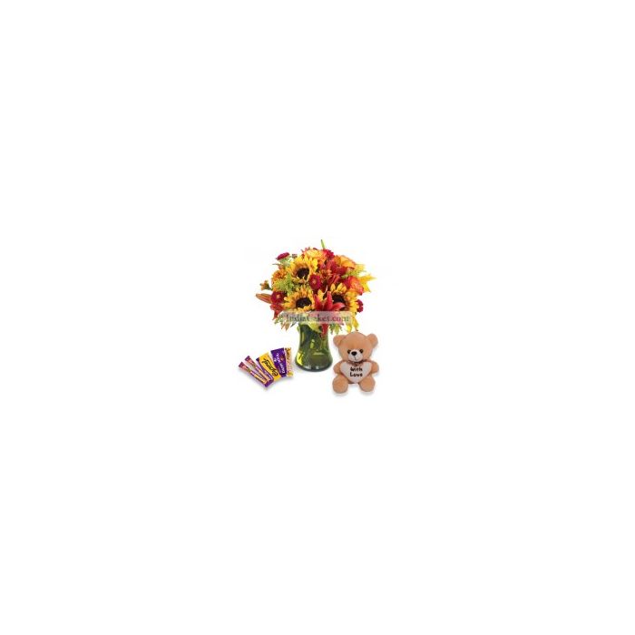 6 Mix Flowers Bunch,1 Teddy Bear and 5 Assorted Cadbury Chocolates 6 Mix Flowers Bunch,1 Teddy Bear and 5 Assorted Cadbury Chocolates