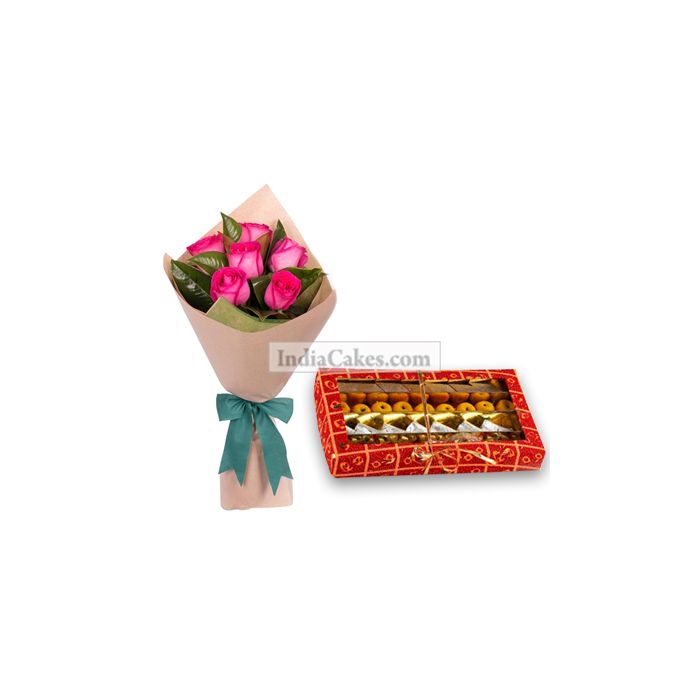 6 Pink Rose and 1 Kg Assorted Sweets 6 Pink Rose and 1 Kg Assorted Sweets