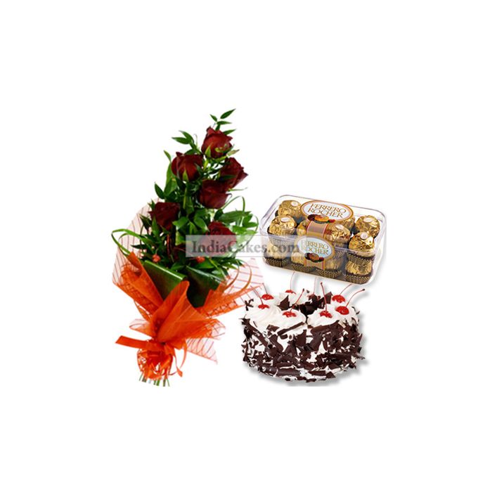 6 Red Rose Bunch,1/2 Kg Black Forest Cake , 16 Pcs Ferrero Rocher Chocolates 6 Red Rose Bunch,1/2 Kg Black Forest Cake , 16 Pcs Ferrero Rocher Chocolates