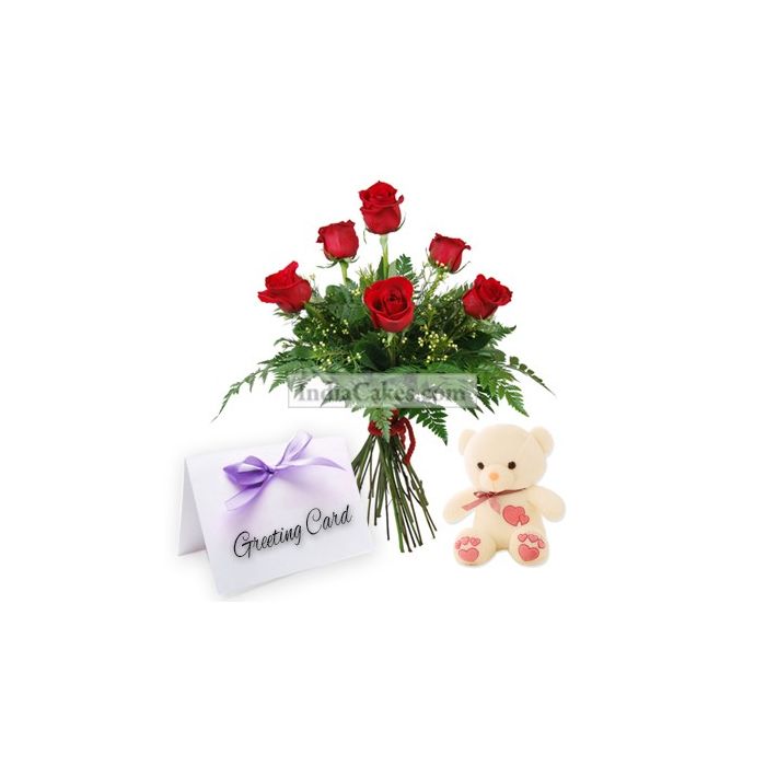 6 Red Roses Bunch , 1 Teddy Bear and Greeting Card 6 Red Roses Bunch , 1 Teddy Bear and Greeting Card