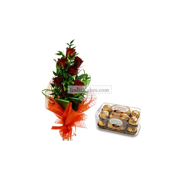 6 Red Roses Bunch and 16 Pcs Ferrero Rocher Chocolates